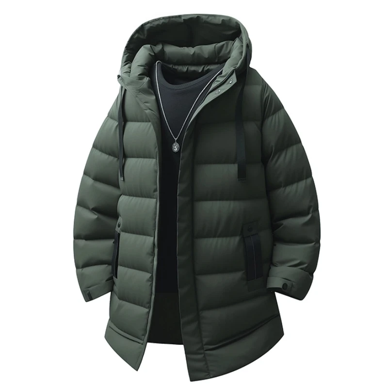 

Men Black Hooded Windbreaker Outwear Fleece Jacket Long Parkas Thicken Warm Hooded Jacket Male Windbreaker Outerwear Man Coat