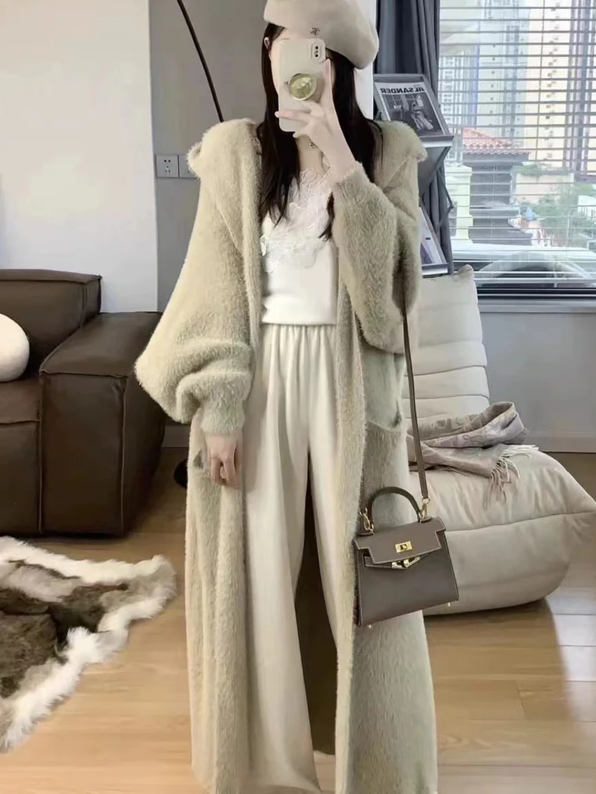 

Осень-зима, свободный открытый кардиган с капюшоном из искусственной норки, женская верхняя одежда средней длины до колена с ленивым мехом