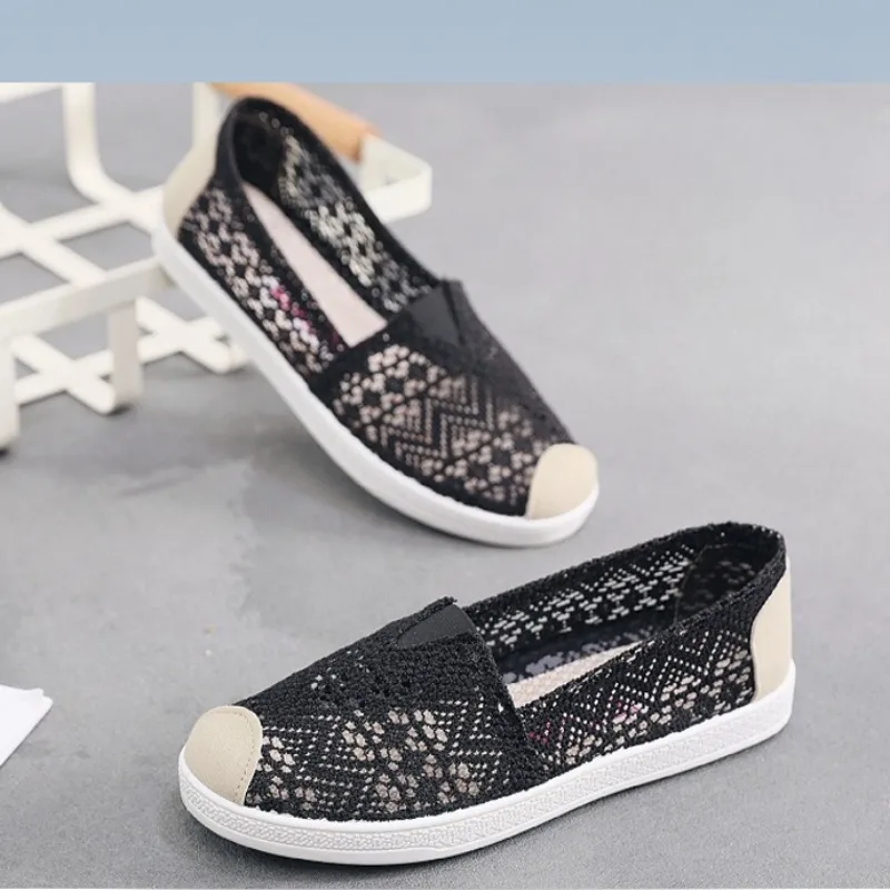 Summer Mesh Breathable Cutout Slip-on Casual Canvas Shoes for Woman Soft Sole Non-Slip Comfort Flats Shallow Mouth Womna Shoes