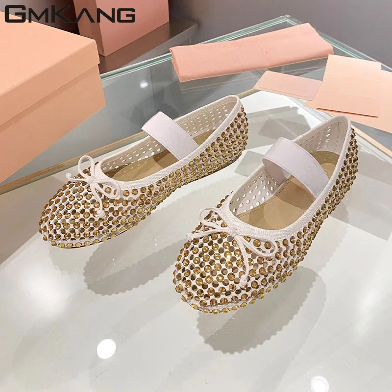 

New Ballet Flat Shoes Woman Mesh Hollow Outs Mary Jane Shoes Genuine Leather Loafers Rivet Studded Summer Walking Shoes Women