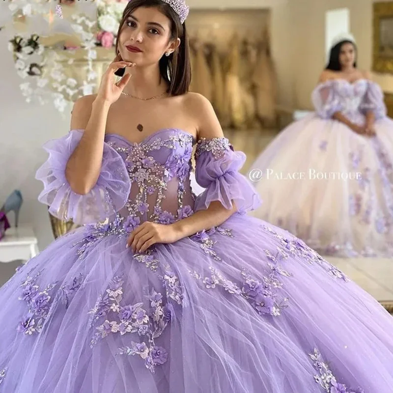 Ball Gowns Lilac Quinceanera Dresses Detachable Sleeves Applique Lace Beads Crystal Lace-Up Corset Sweet 15 Vestidos De XV Años