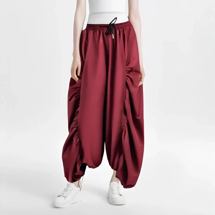 SuperAen European and American Niche Design Drawstring Splicing Casual Pants Women's Spring New High-waisted Wide-leg Trousers