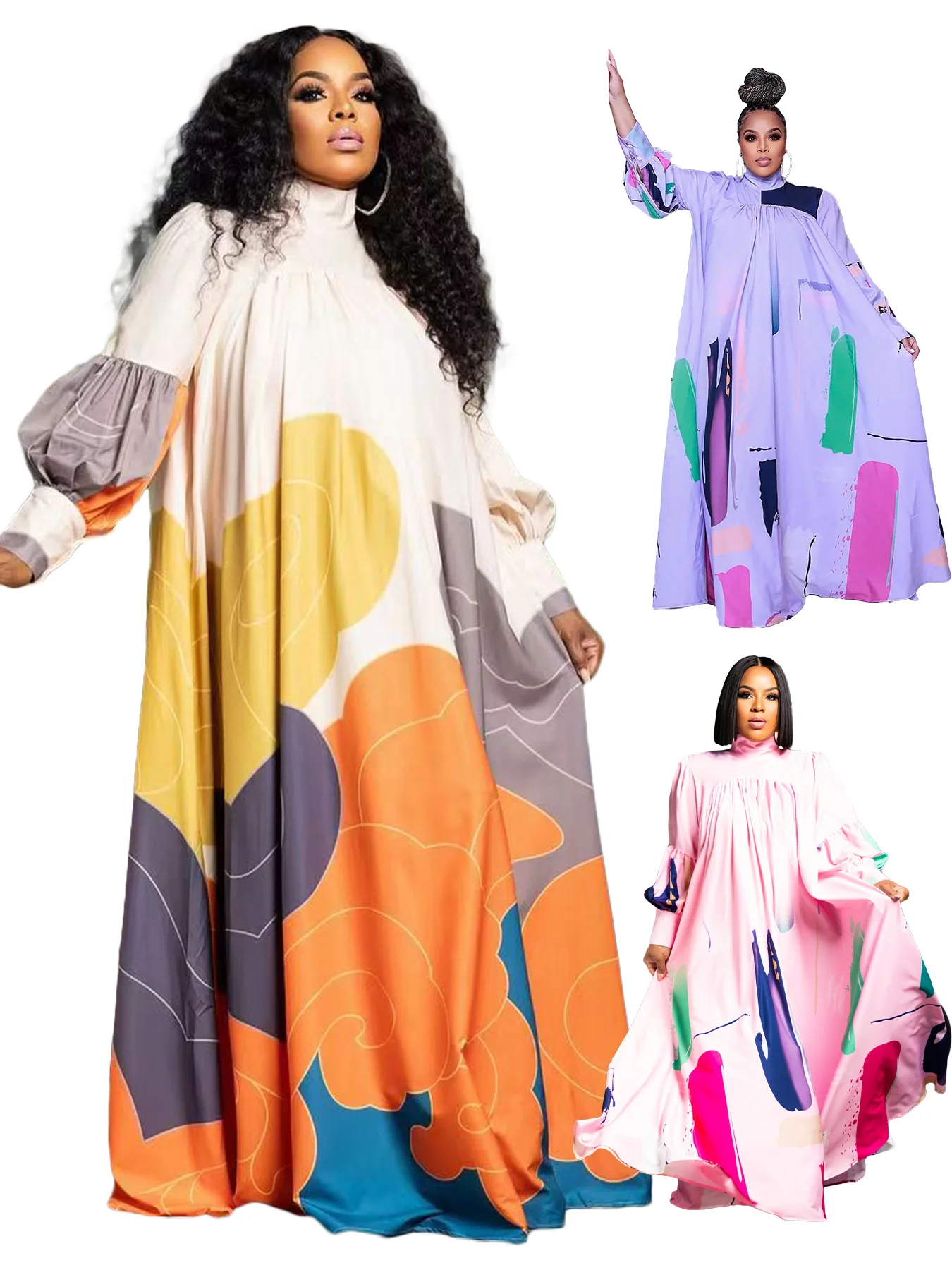 

New 2025 Summer Autumn Multicolor Printing Casual Holiday Dress New Women Long Sleeves Loose Leisure Maxi Dresses