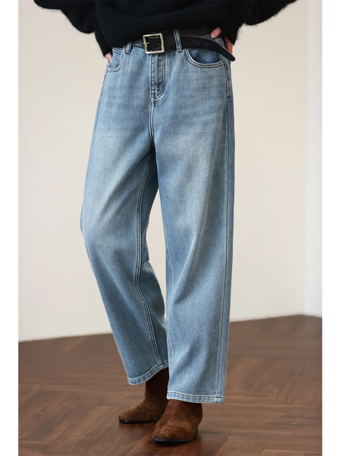 

Женские джинсы с высокой талией, прямые, на флисовой подкладке, свободного кроя, синие, в стиле ретро, осенне-зимние, модные брюки для женщин