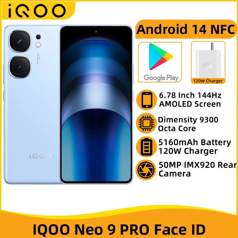 Смартфон IQOO Neo 9 Pro Dimensity 9300, восемь ядер, 6,78 дюйма, 144 Гц, AMOLED экран, камера 50 МП, IMX920, 120 Вт, зарядка, аккумулятор 5160 мАч