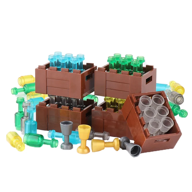 MOC Stad Scène Accessoires Bouwstenen Middeleeuws Vreugdevuur Vlam Wijnfles Reagensfles Doos Compatibel Mini Bakstenen Speelgoed T11