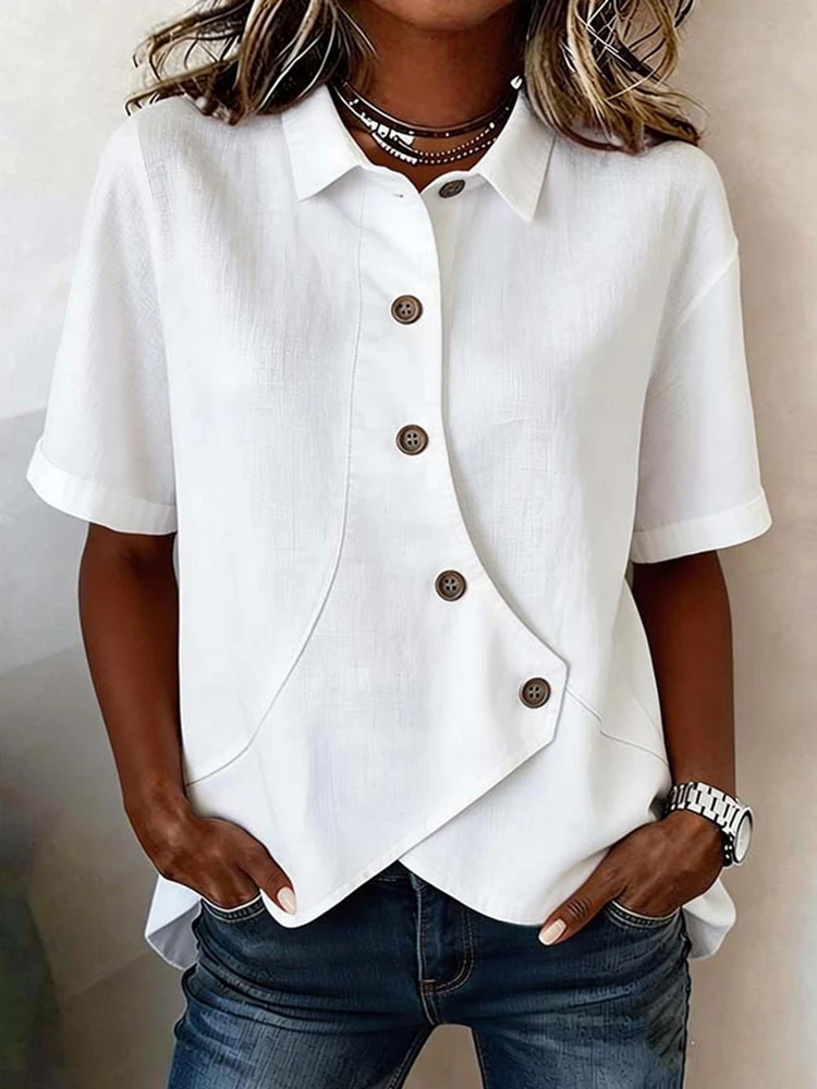 

Женская однотонная блузка с пэчворком на одной пуговице, летняя, с отложным воротником, простой топ с коротким рукавом, шикарные модные рубашки для женщин, блузы