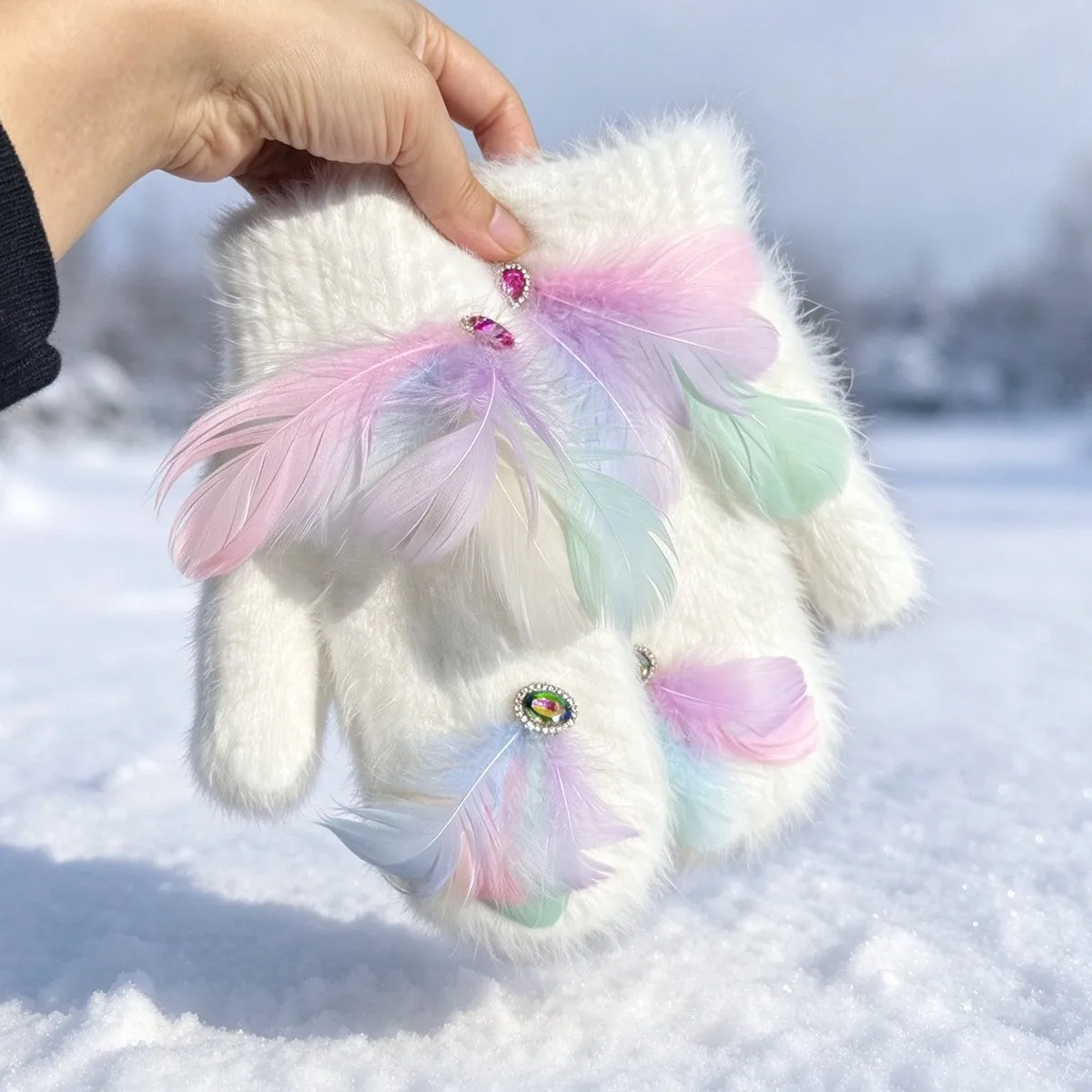 Women Faux Angora Rabbit Fur Mittens Colorful Feather Rhinestone Decor Double Thick Lined Winter Warm Plush Gloves for Outdoor