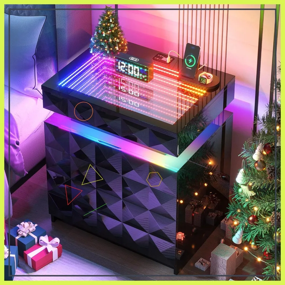 Mesita de Noche LED con Estación de Carga, Luces RGB y 3 Cajones - Superficie de Vidrio Templado, Almacenamiento Oculto, Sensor de Movimiento