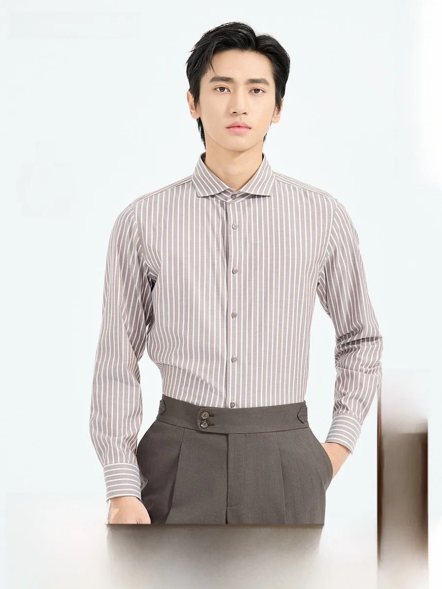 Lilanz Men's Long Sleeve Shirt Standard Fit Casual Style Spring Season Cotton Lyocell Fiber Blend Fashion Urban Striped Pattern