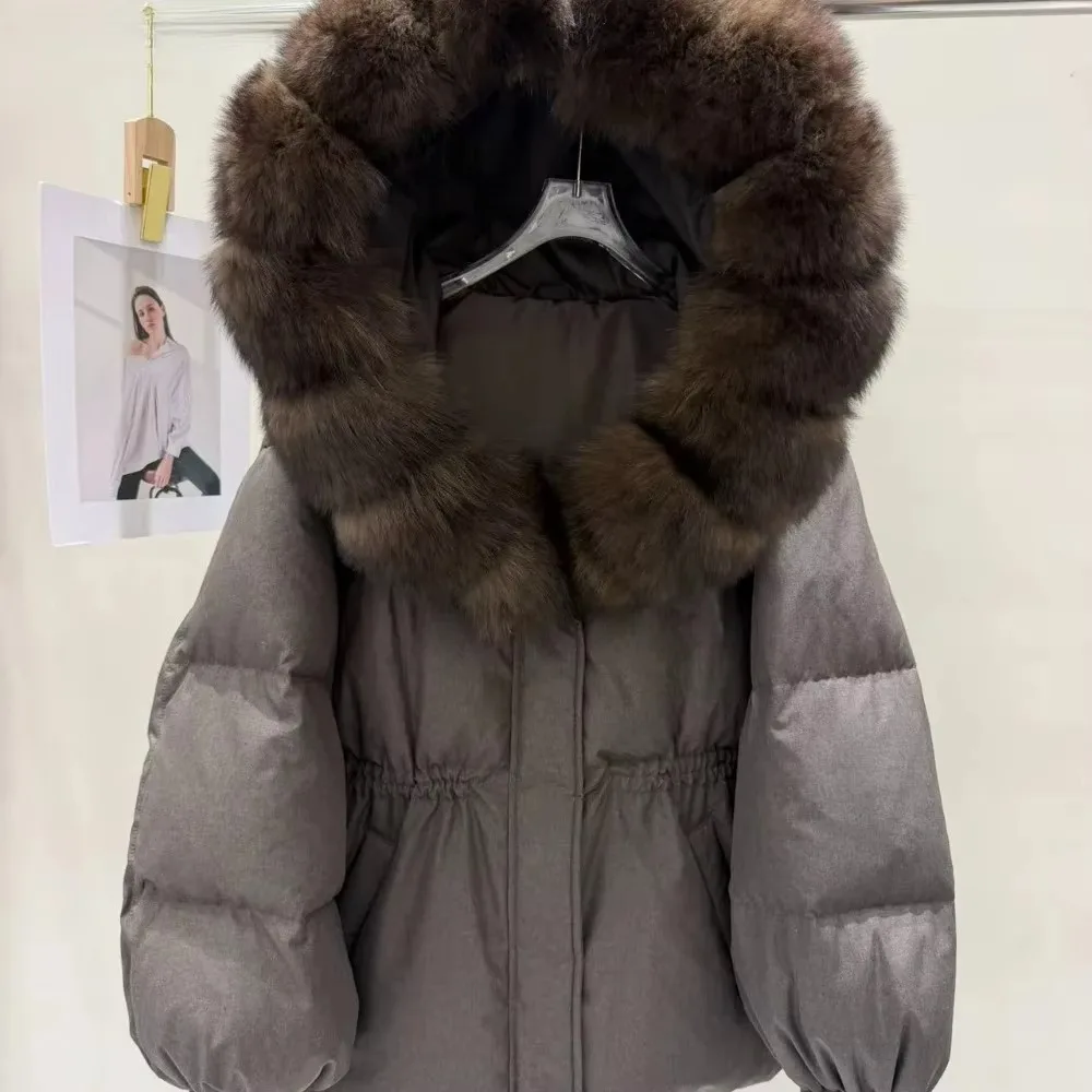 OFTBUY 90% White Duck Down Real Fox Fur Puffer Coat Drawstring Waist Winter Outerwear For Cold Weather Women Short Down Parka