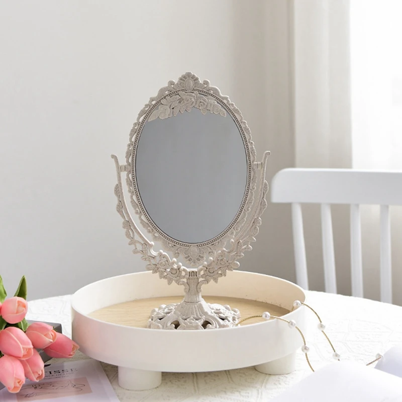 Nordic Silver Plastic Vintage Decorative Mirror Small Round Make-Up Bedroom Mirror Ins Table Room Standing Glass Mirror