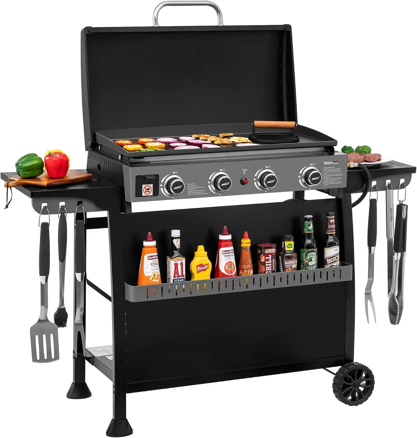 Propane Gas Griddle, 4-Burner, with Detachable Standing Cart and Flat Top Cooking Surface