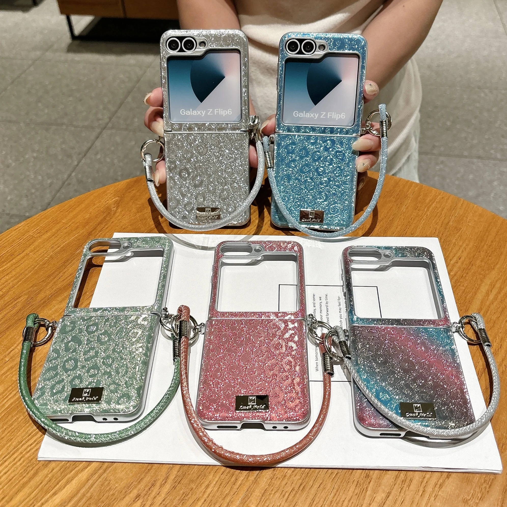 Fashion Glitter Leopard Print Leather Case for Samsung Z Flip 7 FE 6 5 4 3 Comfortable Grip Shockproof With Wrist Strap Cover view 6