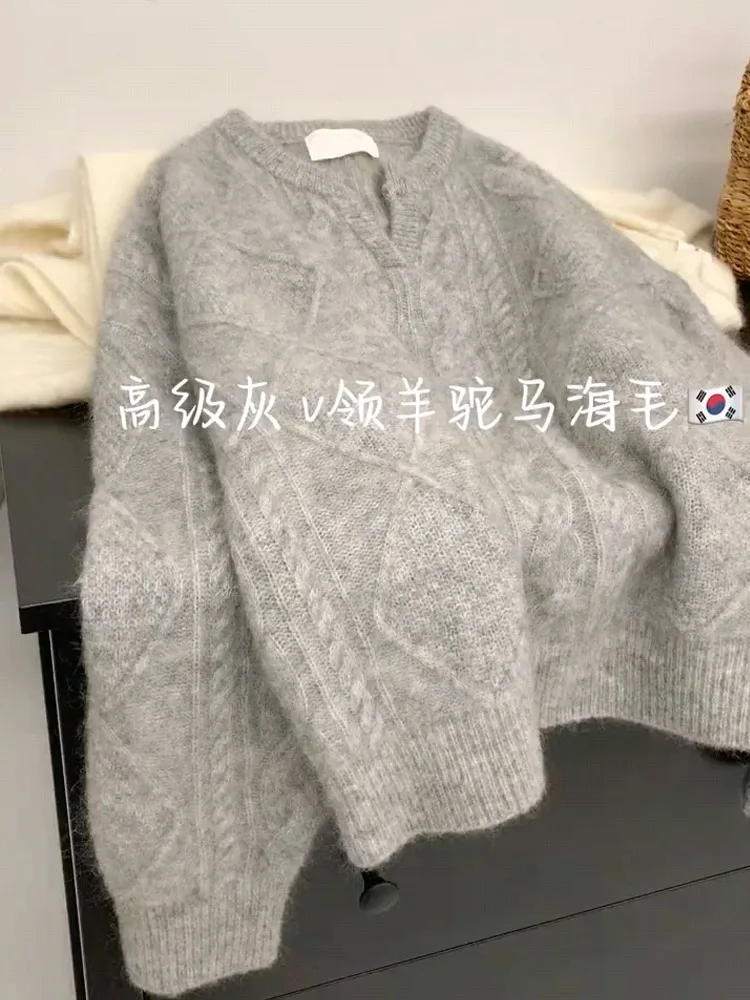 

Pull tricoté à rayures Chic de Style américain, épais, col en v, pour femmes, vêtements d'extérieur amples, nouvelle collection