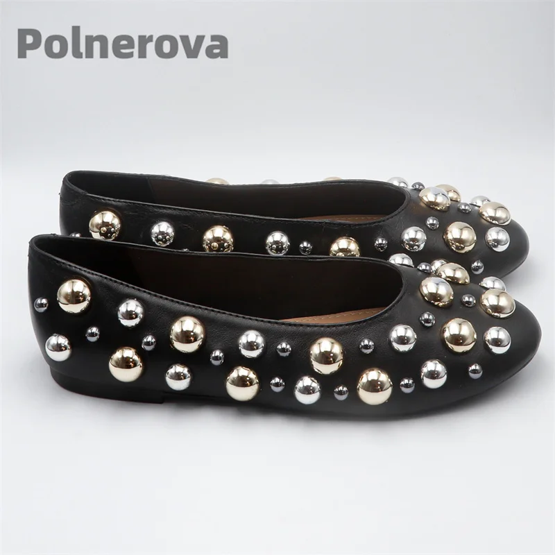 Metallic Bubble Beads Ballet Flats Women Black Leather Slip On Soft Cow Leather Customize Round Toe Women's Casual Dance Shoes