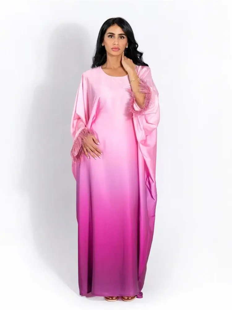 Eid Gradient Fashion Feather Satin Robe Femmes Musulmane Abaya Dubai Muslim Modest Dress Islam Clothing Abayas For Women Kaftan