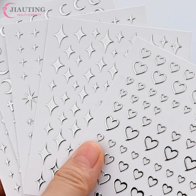 6 Pcs Metal Silver Nail Stickers Metallic 3D Star Nail Art Stickers Decals Self-Adhesive Nail Art Stickers Metal Chain Heart