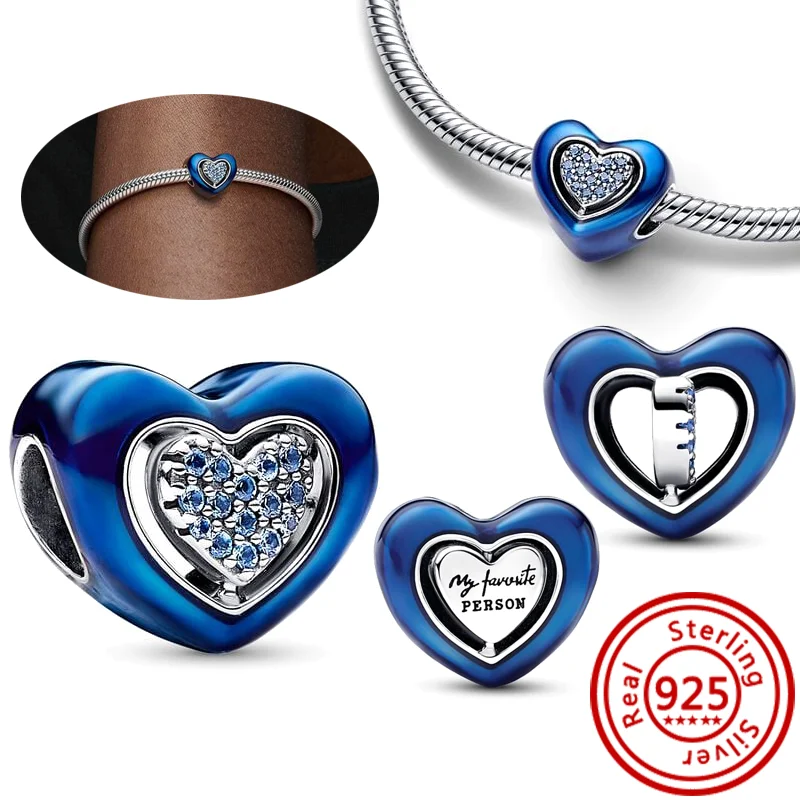 New 925 Sterling Silver Always Love You Mom Blue Spinnable Heart Shining Beads Fit Original Pandora Charms Bracelet Fine Jewelry