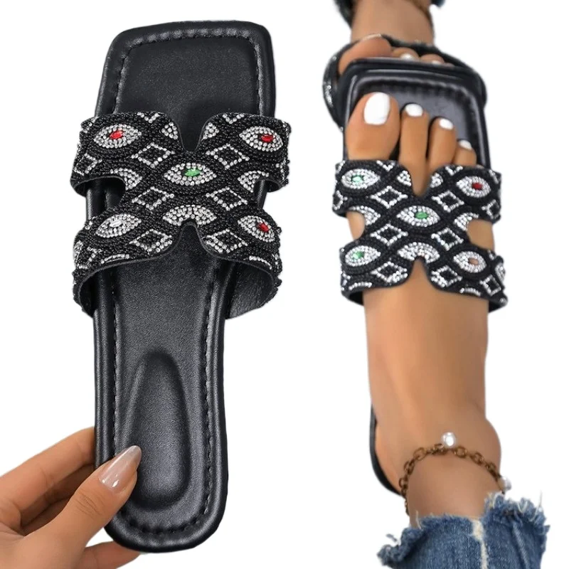 สแควร์ Toe ผู้หญิงรองเท้าแตะ 2025 ใหม่ PLUS ขนาดรองเท้าแฟชั่นหญิงคริสตัลเปิดนิ้วเท้าผู้หญิงรองเท้าแตะกลางแจ้งแบนรองเท้าแตะผู้หญิง