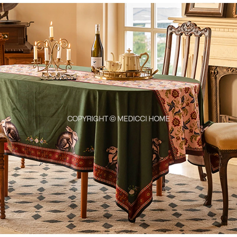 Medicci Home GG Style Inspired Velvet Tablecloth Italy Retro Green Rabbit Print Luxury Rectangle Table Cloth Cover Oval Overlay