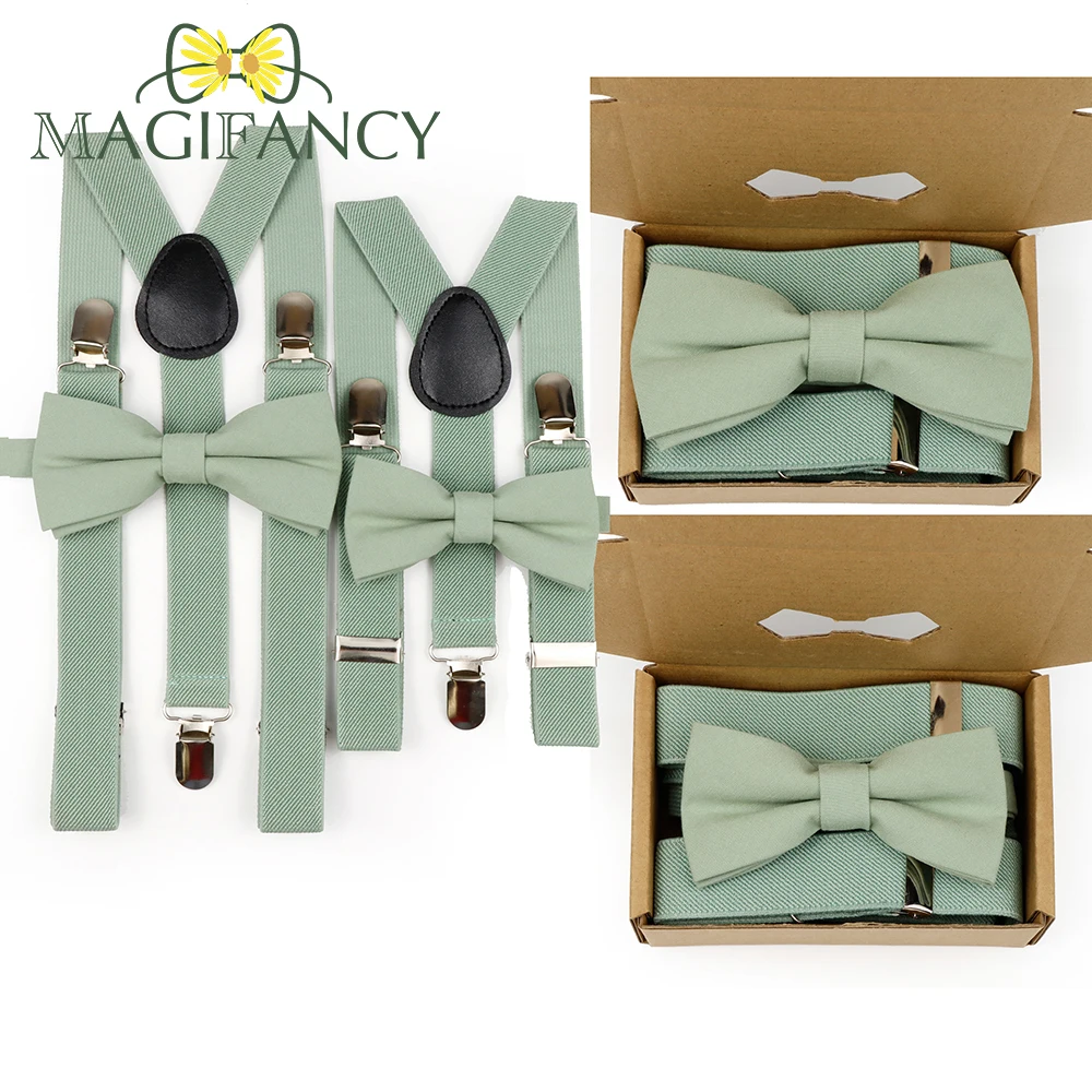 MAGIFANCY – boîte d'emballage pour hommes et enfants, vert, bleu, bretelles élastiques, ensemble de nœuds papillon solides, fête de mariage, accessoire quotidien avec attelle papillon
