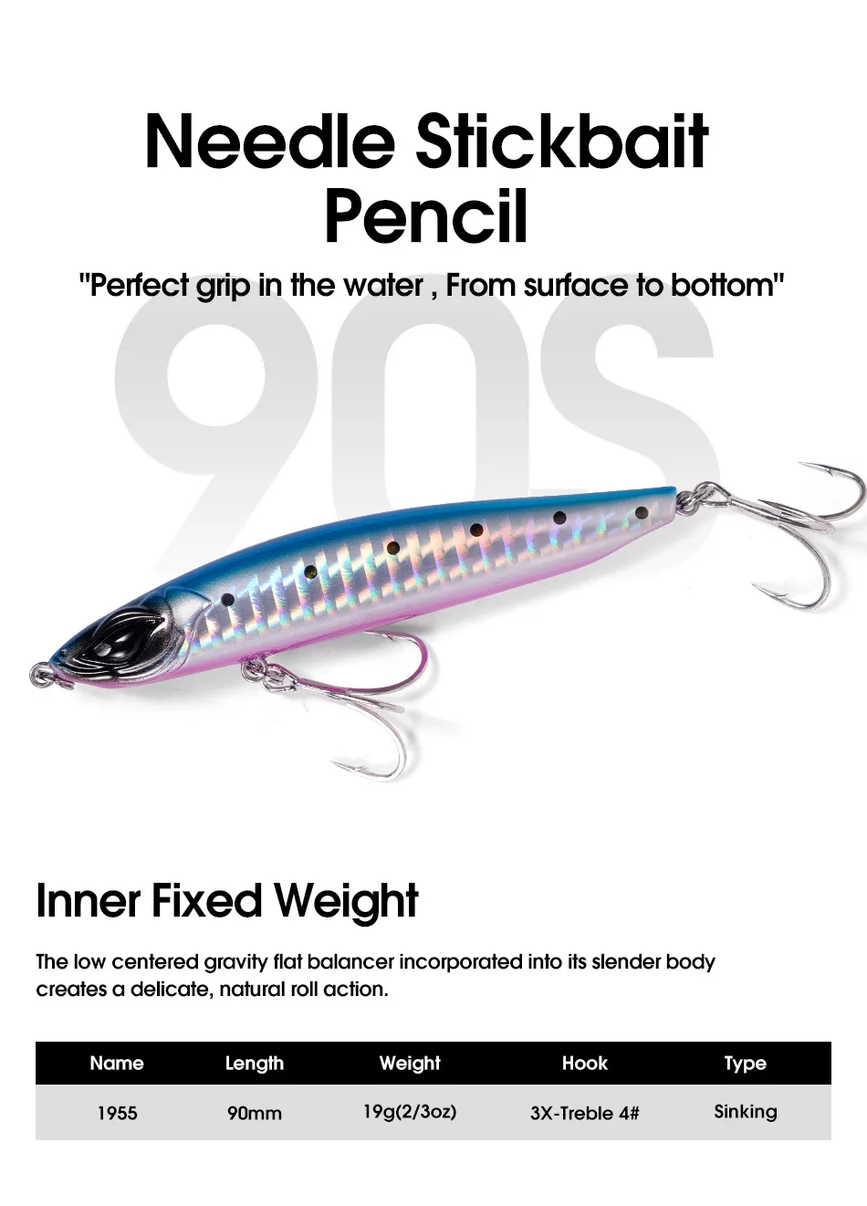 NOEBY Nadel-Stickbait, 9 cm, 19 g, Bleistift-Angelköder, sinkende Wobbler, langer Wurf, künstlicher harter Köder für Barsch, Hecht-Angelköder – Detail 1