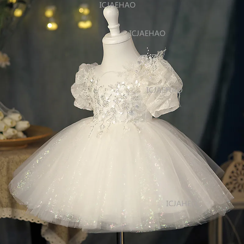 2026 Children Girls FormalPerformance Flower Girl Wedding Little Pageant Gown Costume Dress Kids White Birthday Host Piano