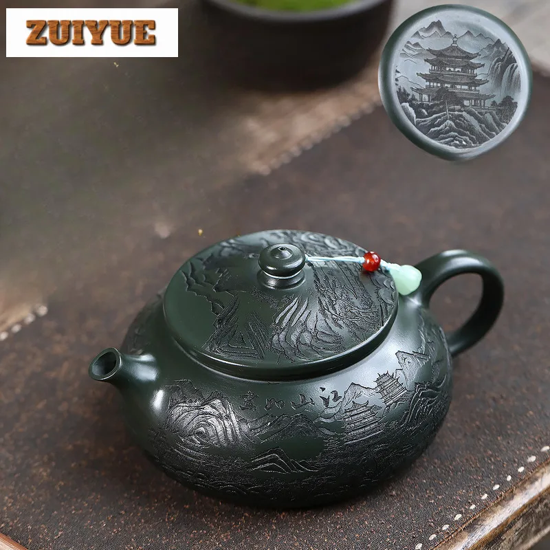 

580 мл Креативные чайники из фиолетовой глины Исин, горшок ручной работы Хан Цзян, сырая руда, изумрудно-зеленая грязь, чайник для приготовления чая Zisha, чайный сервиз