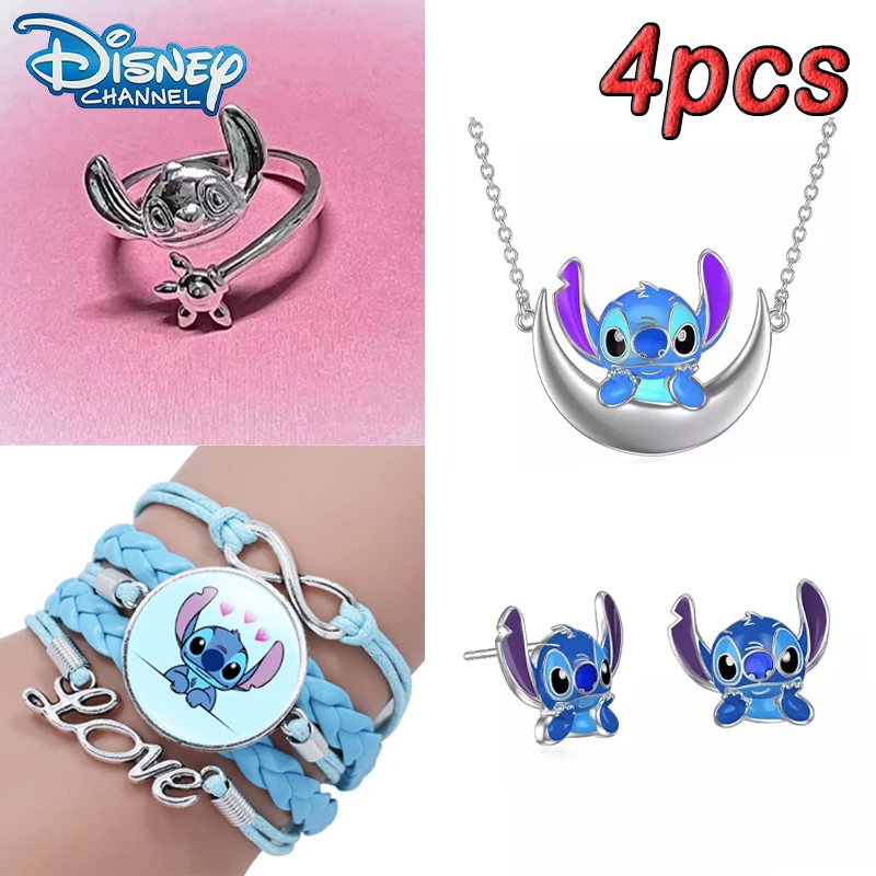 Disney Lilo & Stitch Jewelry Set Cartoon Cute Stitch Moulding Necklace Ear Stud Bracelet Ring for Women Fashion Accessory Gift