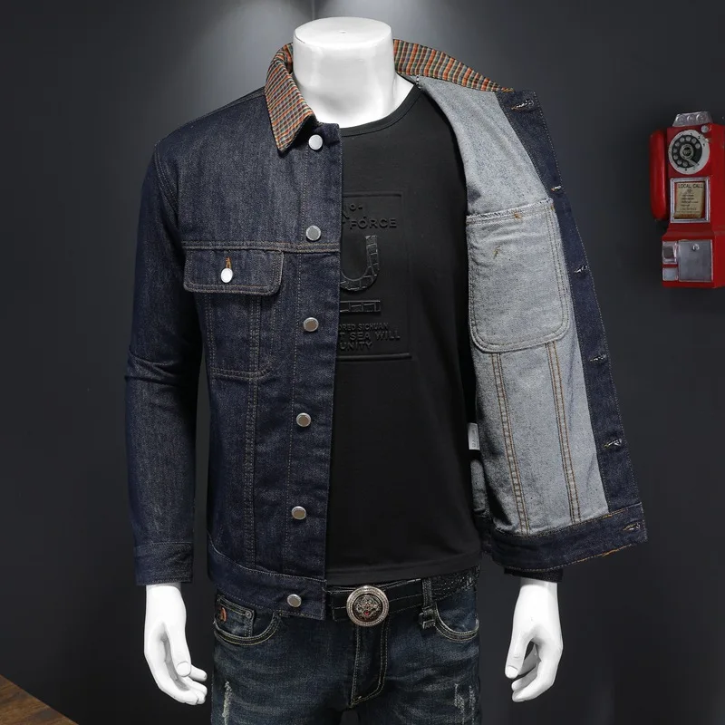 New high-quality men's lapel denim jacket with patchwork plaid collar, slim fit denim jacket, fashionable and personalized top