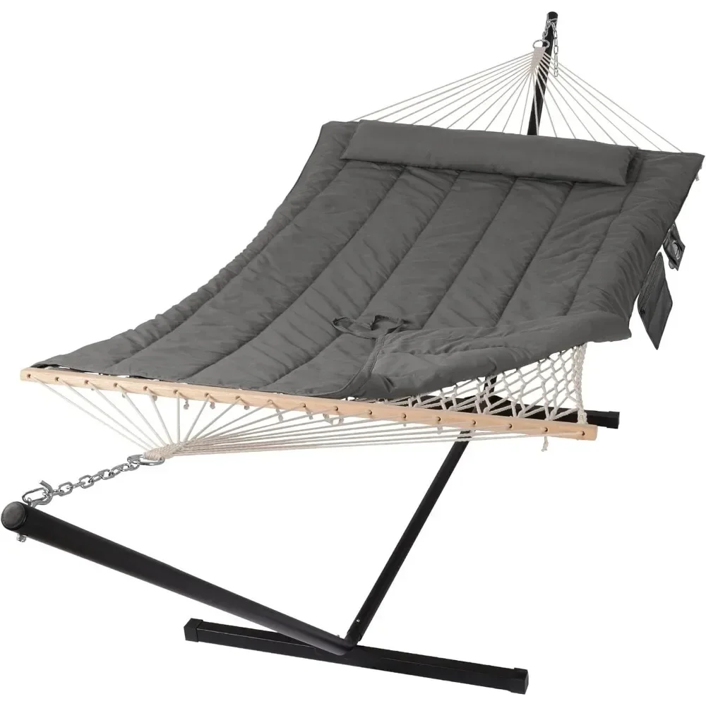 Double Outdoor Hammock with Stand, Two Person Cotton Rope Hammock with Polyester Pad, Dark Gray  hammock  tent  swing