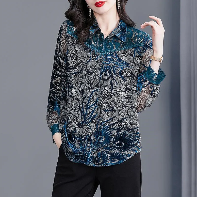 Autumn Vintage Printed Elegant Chic Sexy Lace Patchwork Office Lady Button Up Shirt High Quality Fashion Blouse Top Women Blusas