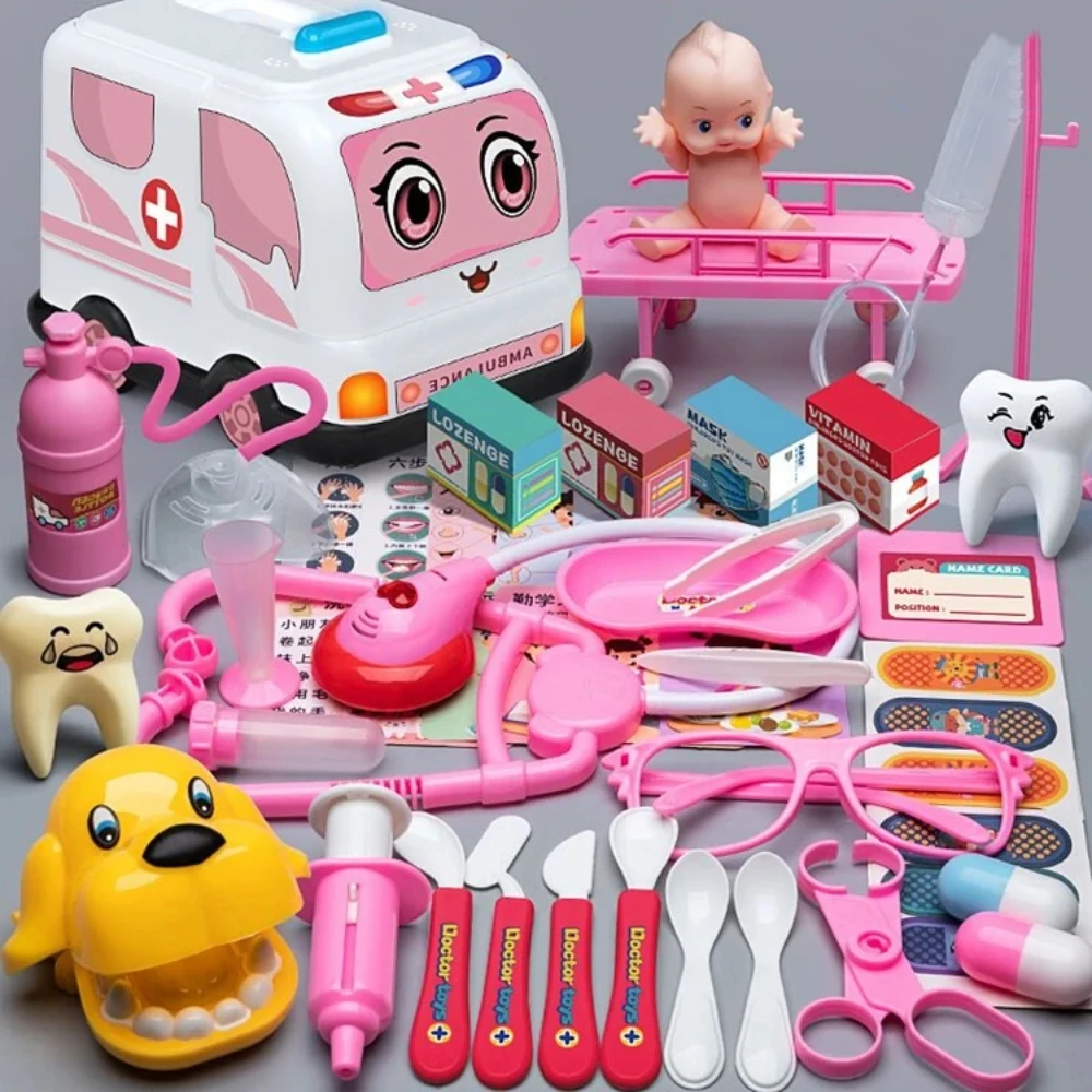 Doctor Toy Set Wooden Simulation Play House Nurse Dental Kit Stethoscope Injection Pretend Play Medical Box for Girls Kids Gift