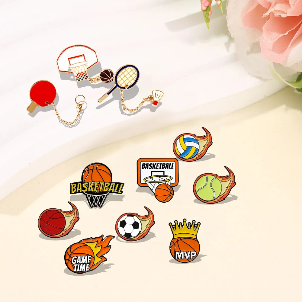 Crown Basketball Football Sports Metal Badge Punk Clothing Hat Needle Brooch Football Flames