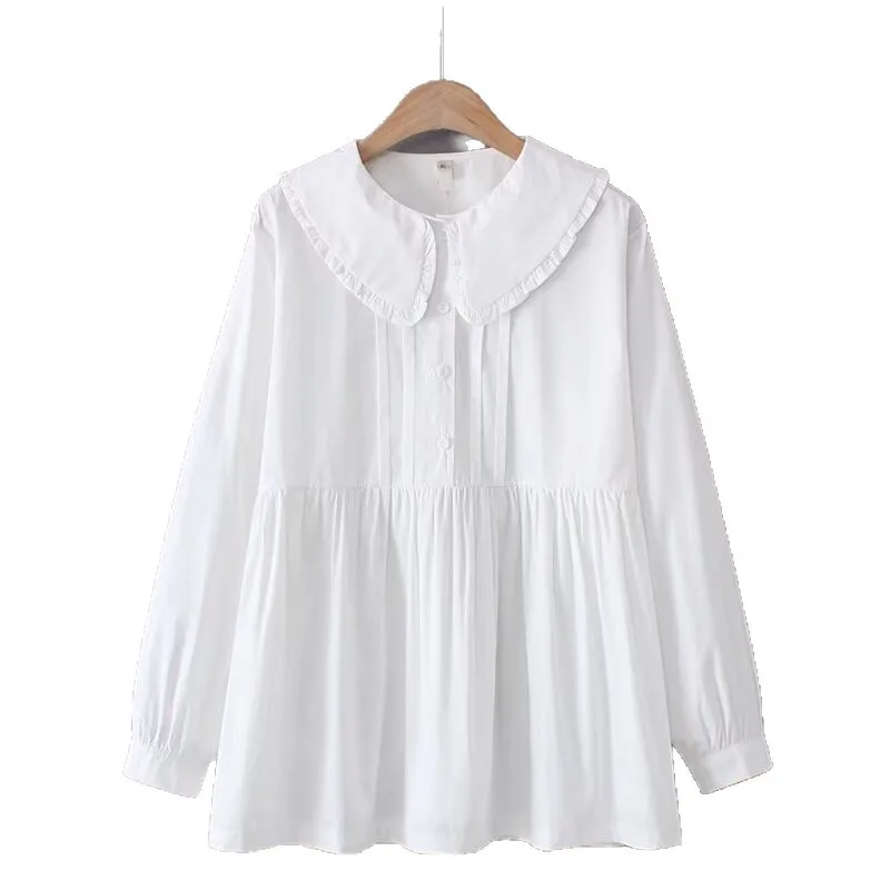 

Plus Size Women's Blouses Autumn New Style Peter Pan Collar Long Sleeved Shirt Casual Cotton Imitation Lyocell Tops 6114