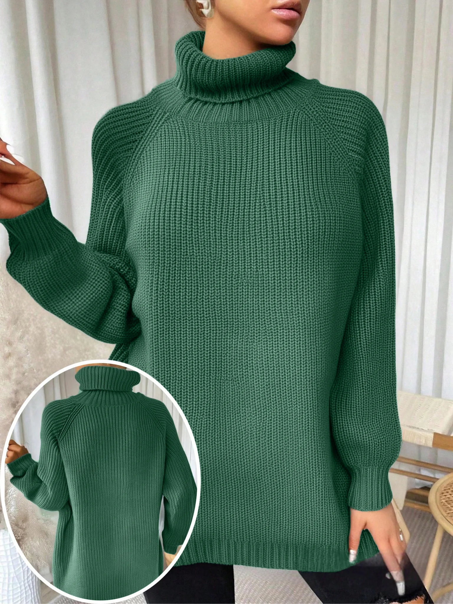 Plus Size Women's Casual Solid Turtleneck Long Sleeve Knit Pullover Sweater, Perfect for Winter view 3