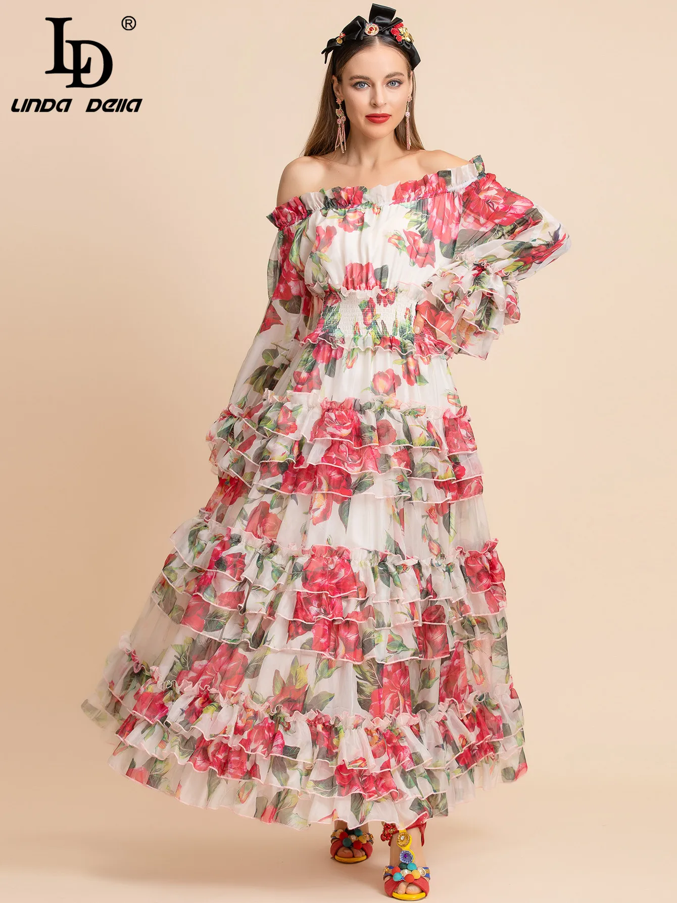 Imagem -03 - Linda Della-vestido Longo com Estampa de Flores para Mulheres Vestido Maxi Elegante com Estilo Plissado e Boemia para Festa Verão 2023 ld