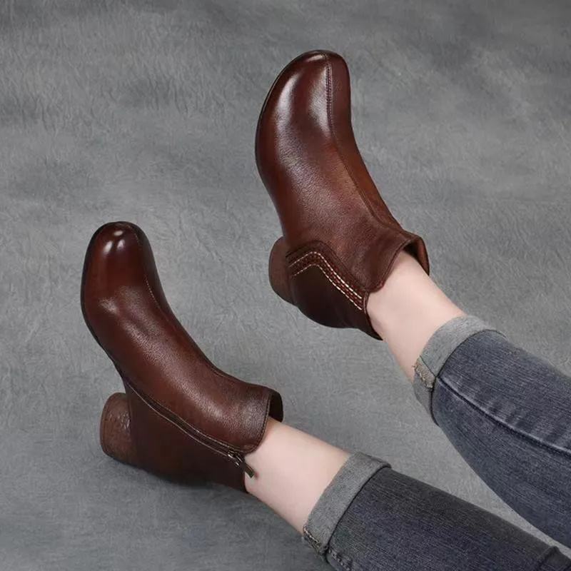 Women\'s Single Boots Spring andAutumn New National Retro Round Head Short Boots Casual Fashion Increase Waterproof Leather Shoes