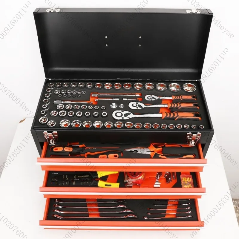 Toolbox 408 tools with Self-Locking,Storage Box with Three Drawers,Hand-held Toolbox Portable Tough/Reliable,Workshop/Domestic