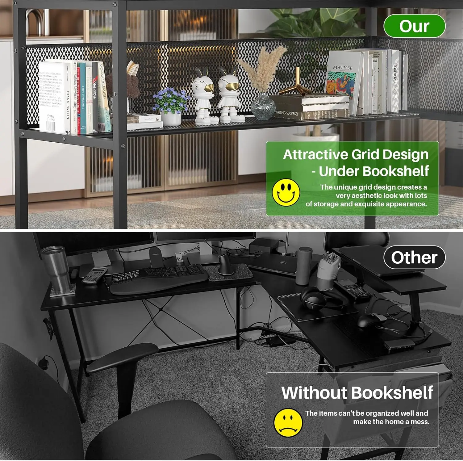 مكتب على شكل حرف L مع ضوء LED ومخرج طاقة، طاولة كمبيوتر زاوية قابلة للعكس مع حامل شاشة ورف تخزين، حديث L- #2