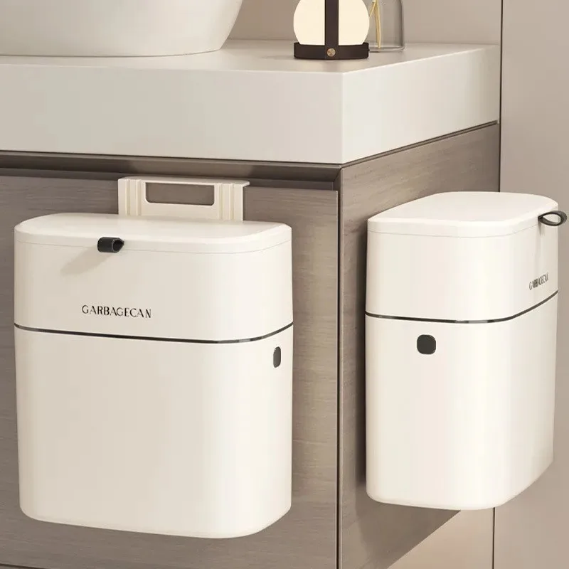 Kitchen Hanging Garbage Bin, Household Cream White Seamless Sticker Cabinet, Garbage Basket With Lid, Household Wall Hanging image 4