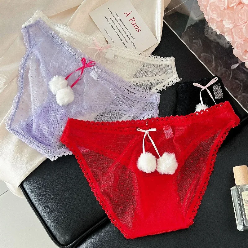 

Christmas Girls Panties with Fur Balls Mesh Transparent Briefs Comfortable Sexy Lingerie Women's Bikini Underwear Hip Hugging
