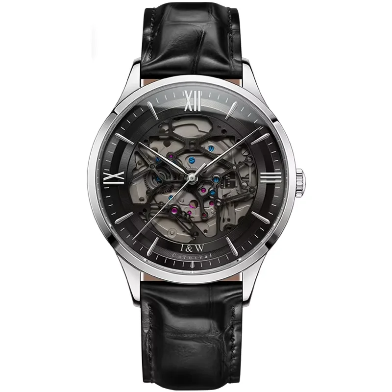 CARNIVAL Fashion Skeleton Automatic Watch High Quality Japan Movement Watches for Man Sapphire Leather Waterproof Montre Homme