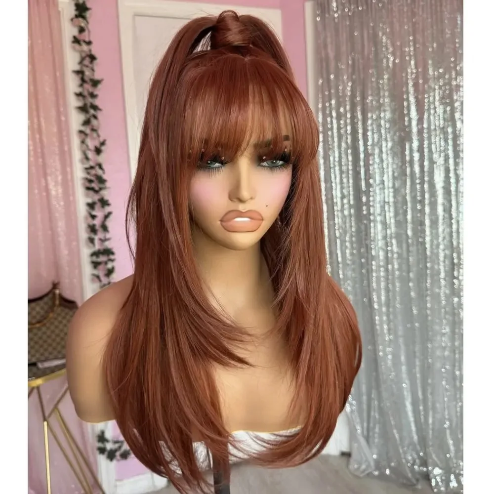 

Коричневый многослойный парик с прямой шелковистой текстурой, с кружевной передней частью, для женщин, 13x4 HD, с естественной линией роста волос, для повседневной носки, косплея, без клея, синтетический