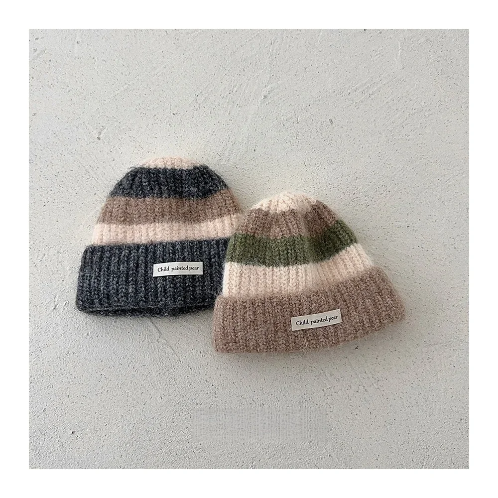 Contrasting Striped Children Knitted Hat Autumn And Winter Warm Thickened Woolen Cap Boys Girls Preppy Style Ear Protection Hat
