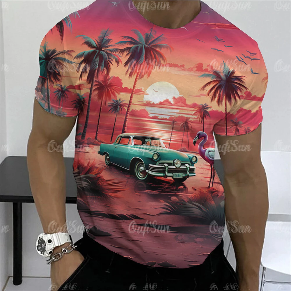 

Stylish Coastline Sunshine T-shirt Men Oversize Coconut Tree 3D Print Short Sleeve T shirts Men Casual Beach View Men's Clothing