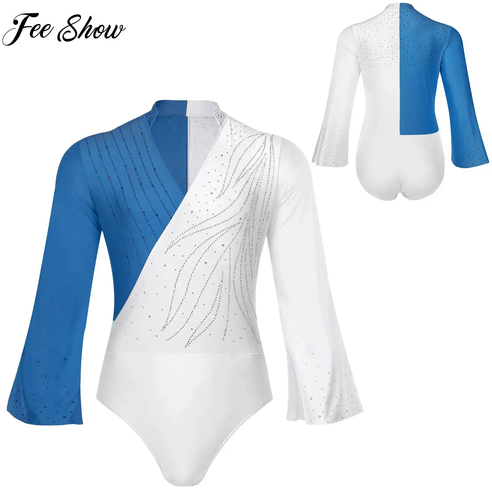 Men Figure Skating Dance Performance Bodysuit Outfit Costume V-neck Flare Sleeve Shiny Rhinestone Jumpsuit for Sport Dance Stage