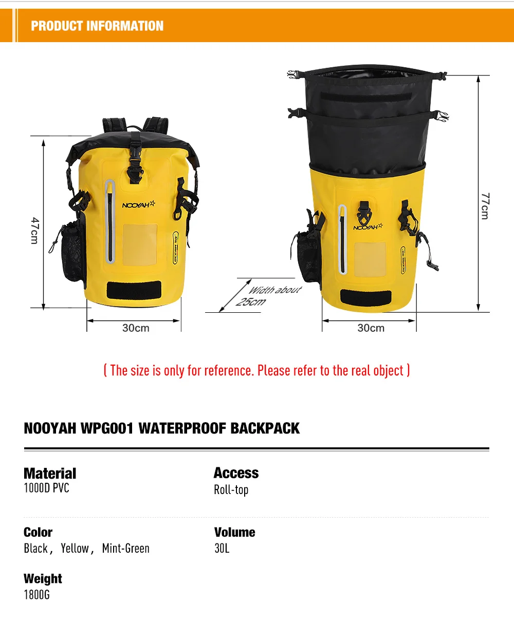 NOOYAH Waterproof Dry Bag IPX8 Roll-Top Closure Waterproof Backpack Fishing Bag Double Layer Rucksack Outdoor Sport Dry Backpack