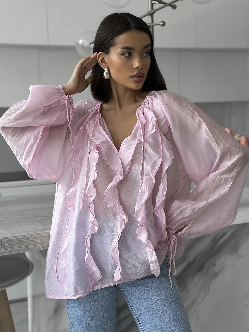 

Parc Fee Sexy Loose White Women's Shirt 2026 Spring Lapel Long Sleeve Shirts Elegant Classic Ruffles Solid Top Female Clothing